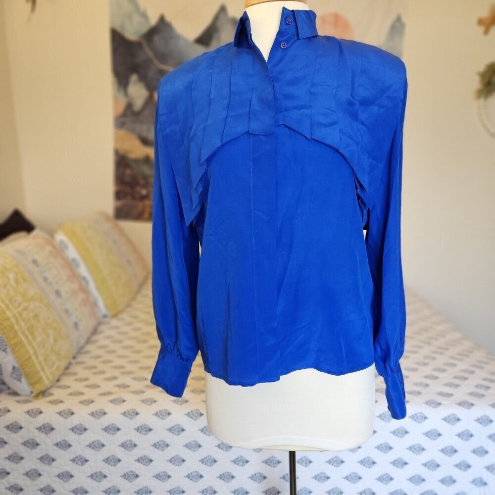 Francesca of Damon Royal Blue 100% SILK Pleated Blouse Vintage 80s 6 - Picture 8 of 16